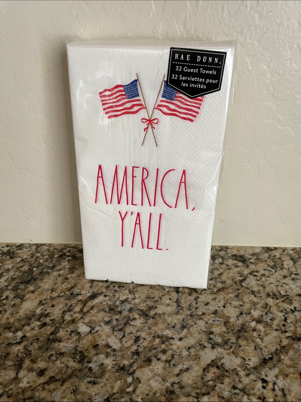 Rae Dunn White Guest Towels with Red & Blue Patriotic Flag Design